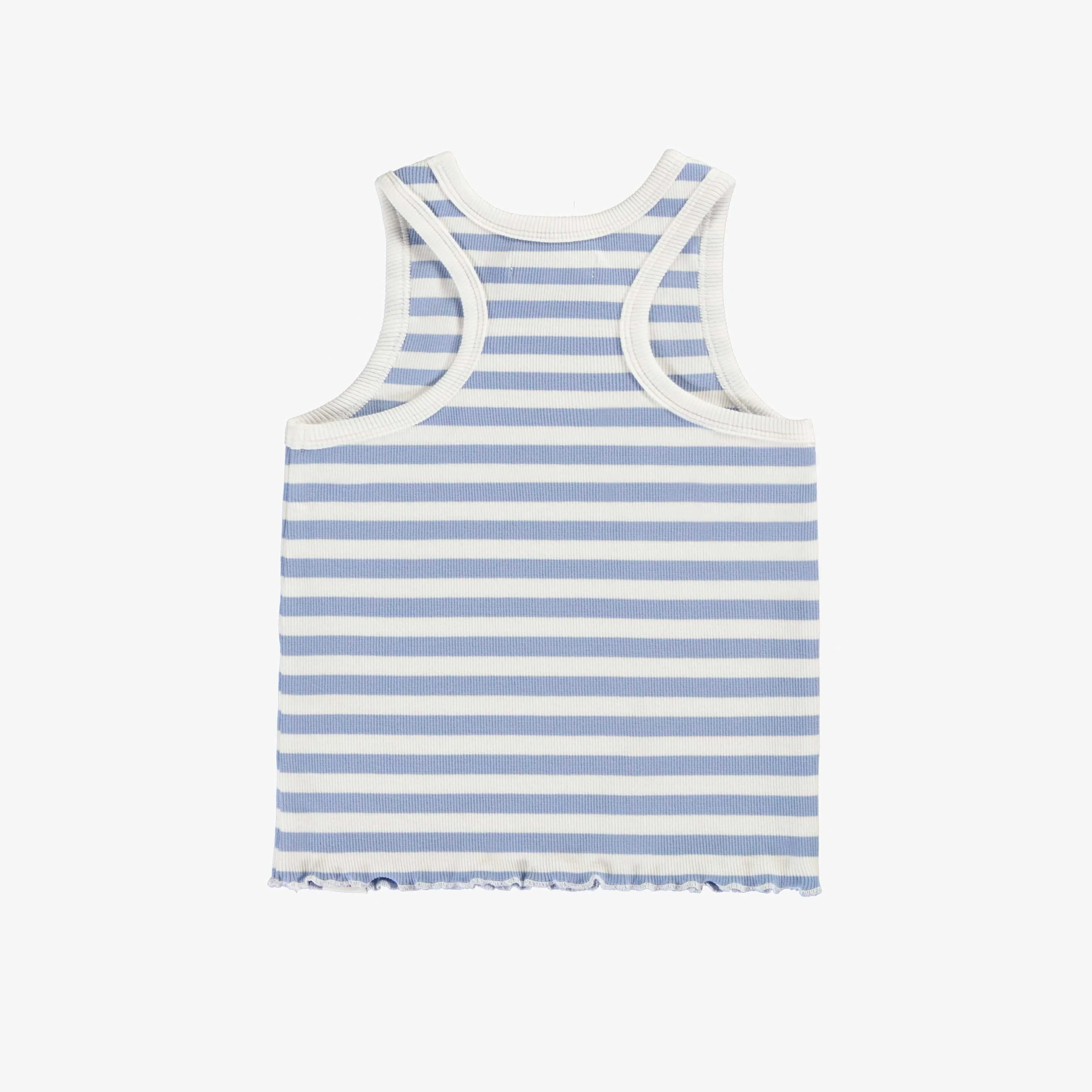 Camisole ajustée à rayures blanches et bleues céleste en tricot côtelé extensible, enfant || Fitted camisole with white and celestial blue stripes in stretch rib knit, child