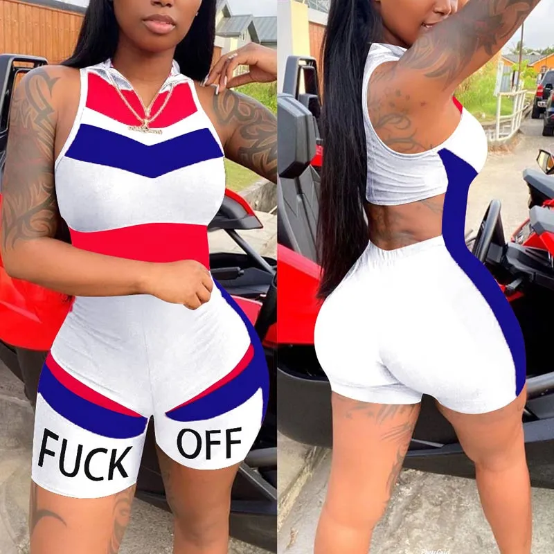 Colorblock Letter Print Sleeveless Romper