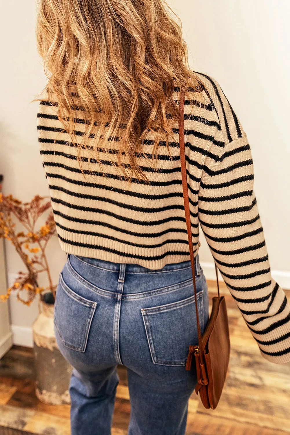 Flaxen Striped Knit Drop Shoulder Crewneck Cropped Sweater