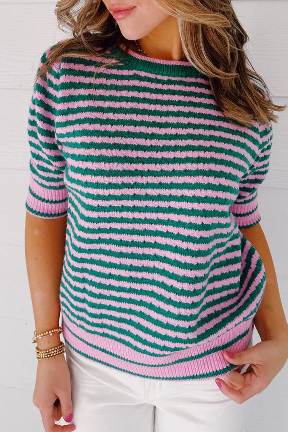 Green Stripe Striped Eyelet Knit Puff Sleeve Sweater Tee