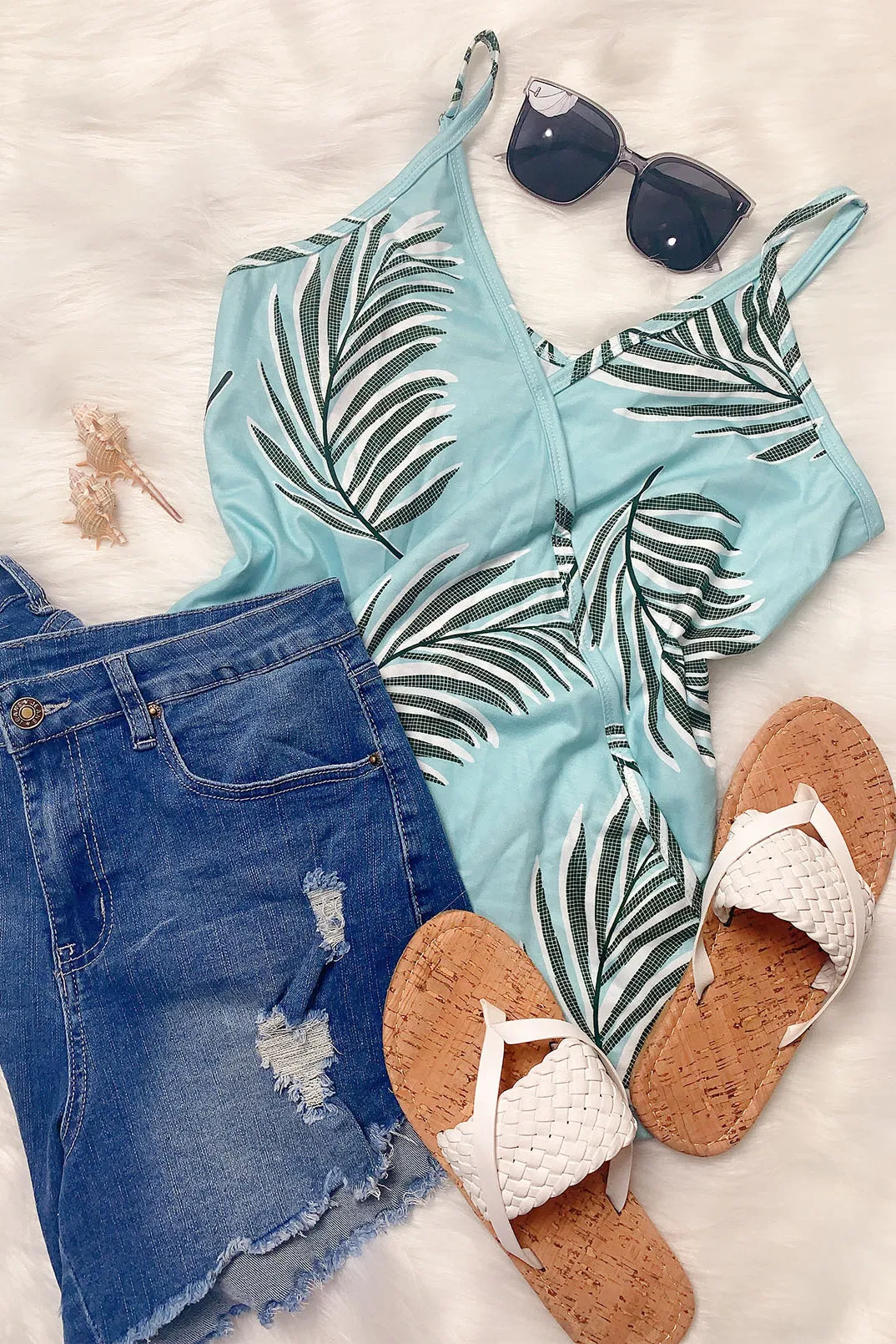 Green Tropical Plant Print Tank Top