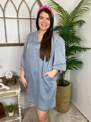 Light Wash Denim V-Neck Dress in Curvy