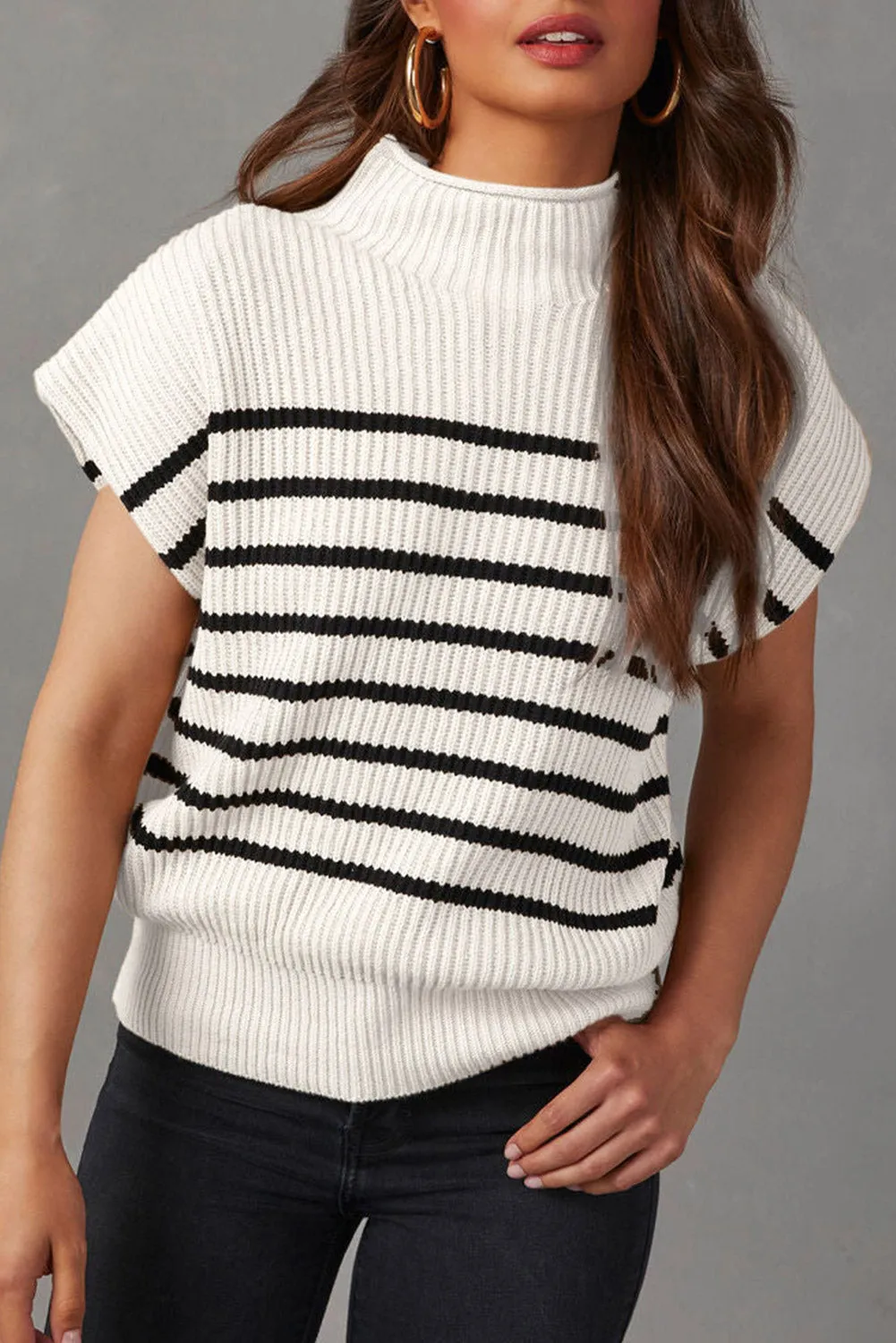 White Striped Ribbed Knit High Neck Sweater